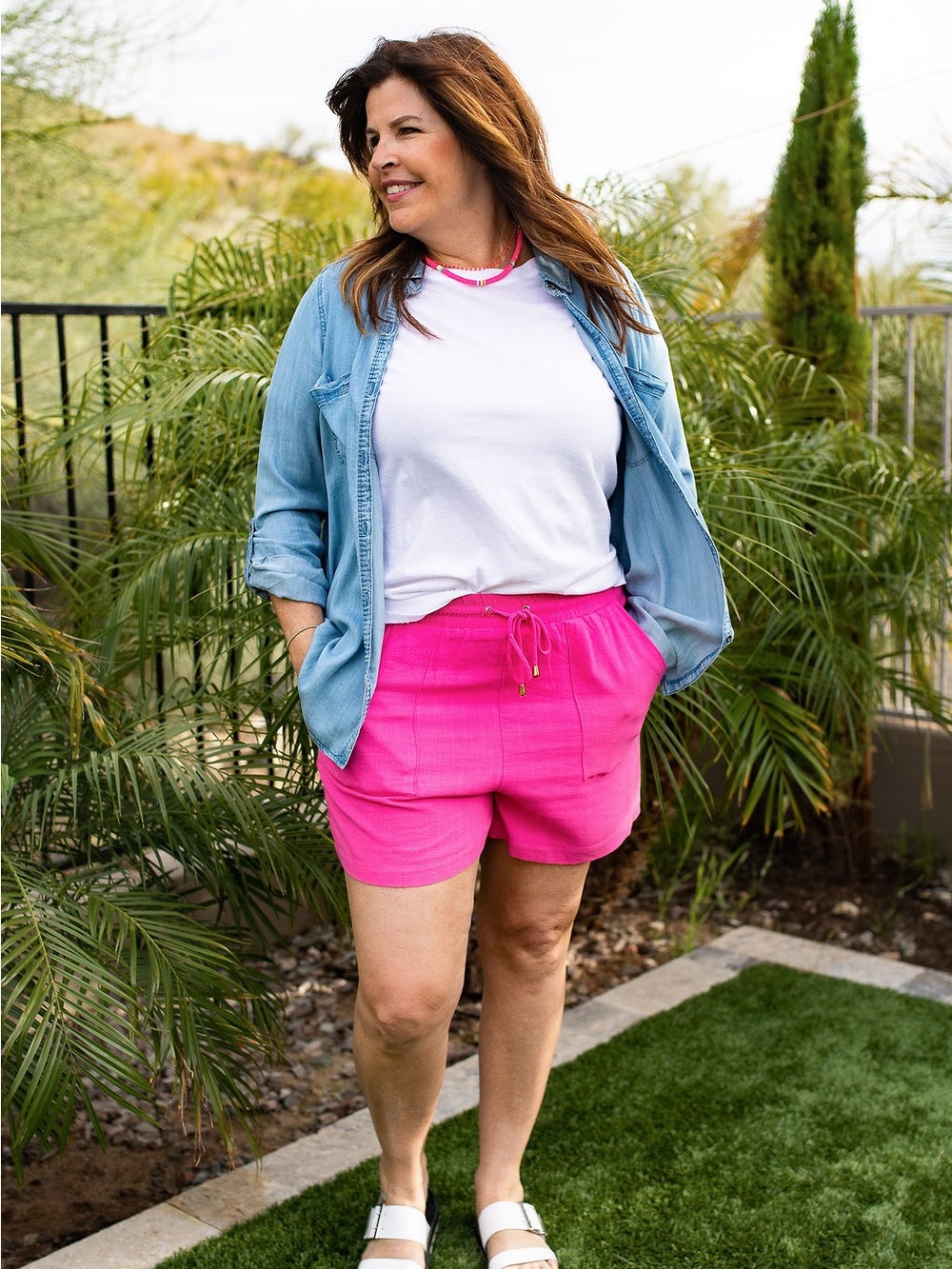 Women's High-Waist Drawstring Shorts in Bright Pink - Picture 2 of 3
